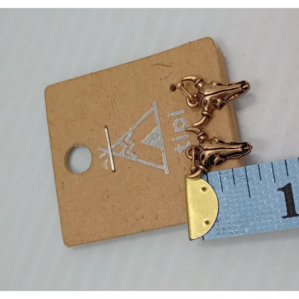 Tipi Western Bull Skull Earrings‎ Gold Tone Dangle Boutique Style Pierced